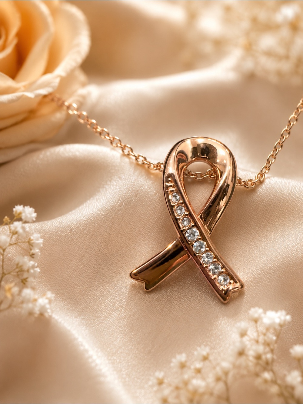 Swarovski Rose Gold Ribbon Pendant Necklace with Pink Crystals